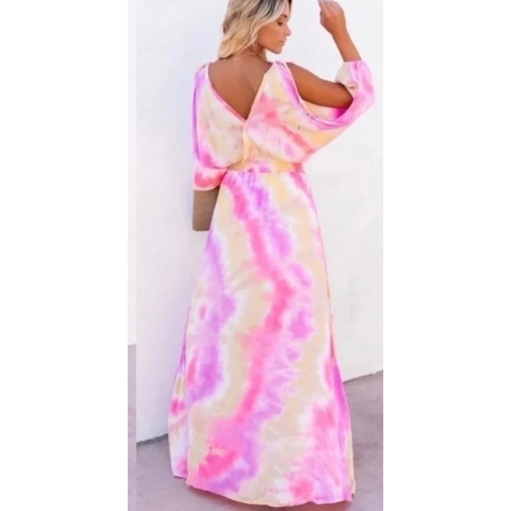 Vici Tequila Sunset Tie Dye Cold Shoulder Maxi Dress Beach Coastal Resort S - Picture 4 of 15